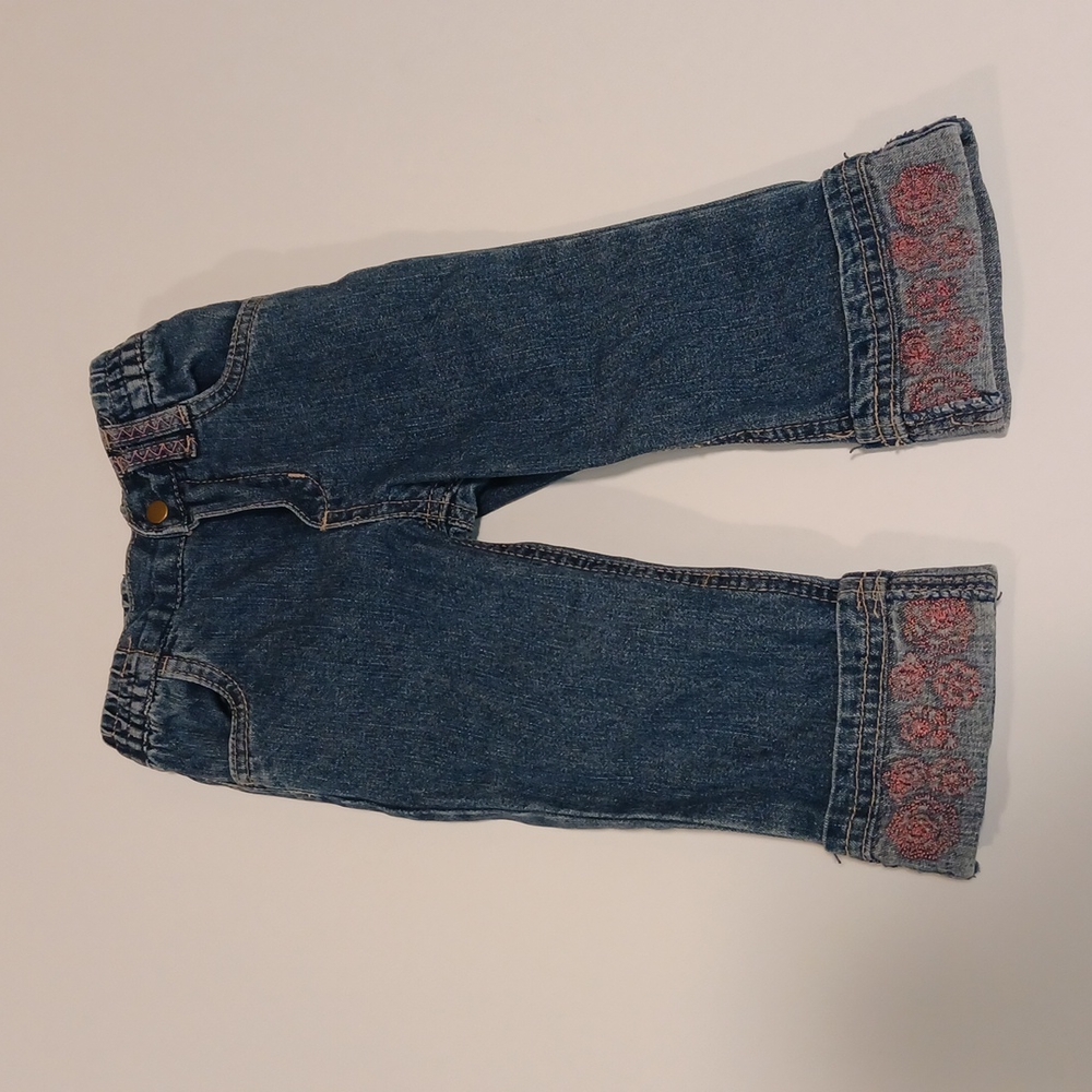 Baby headquarters 12M denim jeans pull on with snap and pink flowers on cuffs